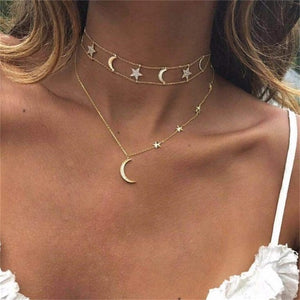 HuaTang Star Moon Pendant Necklace Boho Geometric Crystal Layered Necklaces for Women Girl Waterdrop Opal Collar Choker Jewelry