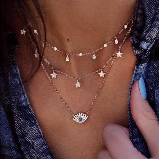 HuaTang Star Moon Pendant Necklace Boho Geometric Crystal Layered Necklaces for Women Girl Waterdrop Opal Collar Choker Jewelry