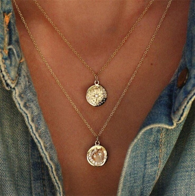 HuaTang Star Moon Pendant Necklace Boho Geometric Crystal Layered Necklaces for Women Girl Waterdrop Opal Collar Choker Jewelry