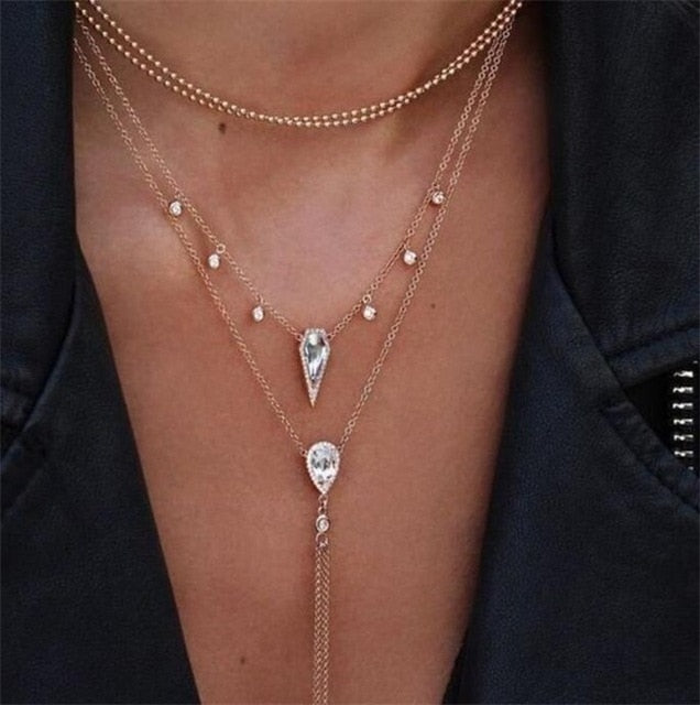 HuaTang Star Moon Pendant Necklace Boho Geometric Crystal Layered Necklaces for Women Girl Waterdrop Opal Collar Choker Jewelry