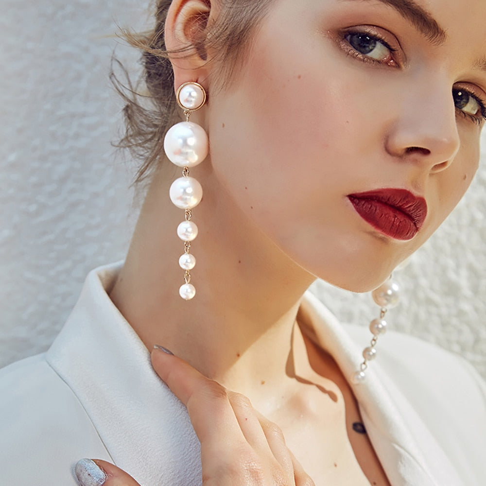 IPARAM Trend Simulation Pearl Long Earrings Female White Round Pearl Wedding Pendant Earrings Fashion Korean Jewelry Earrings