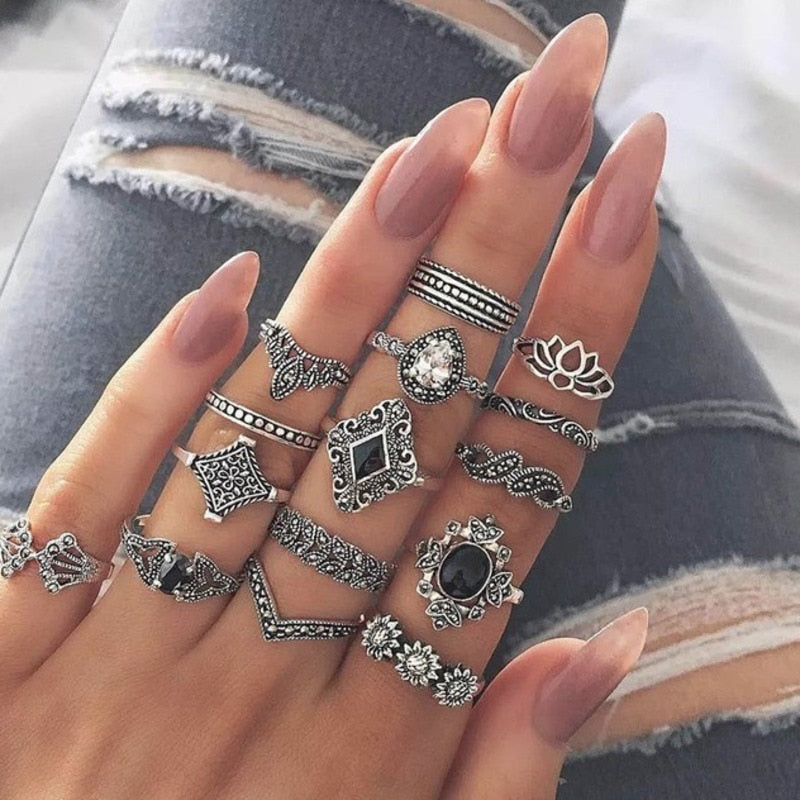 15pcs/set Punk Knuckle Rings Sets for Women Vintage Anel Flower Midi Finger Rings Jewelry Boho Silver Party Bague Femme 2019