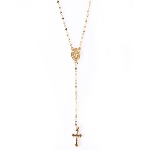 Hot Selling Sparkly Cross Pendant Necklace Long Imitation Chain Rosary Madonna Coin Necklaces Pendants Religious Jewelry