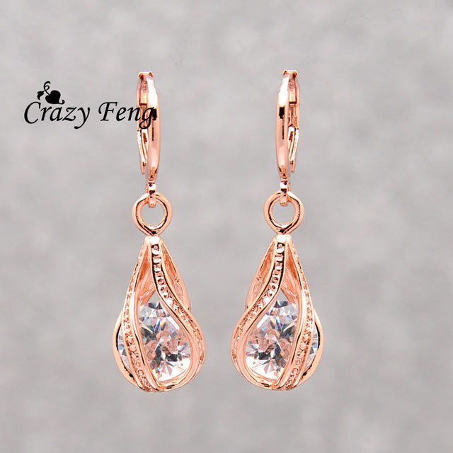 Classic Crystal Water Drop Dangle Earrings For Women Rose Gold Color Statement Earrings Party Jewelry Brincos