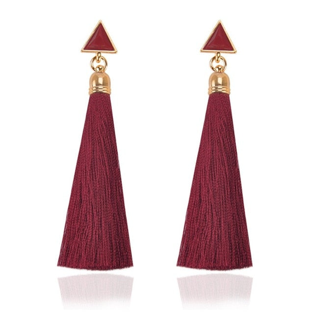 Bohemian Crystal Long Tassel Earrings Black Blue Red Pink Silk Fabric Drop Dangle Earrings Women Jewelry For Party Beach