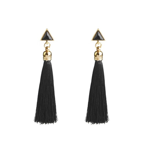 Bohemian Crystal Long Tassel Earrings Black Blue Red Pink Silk Fabric Drop Dangle Earrings Women Jewelry For Party Beach