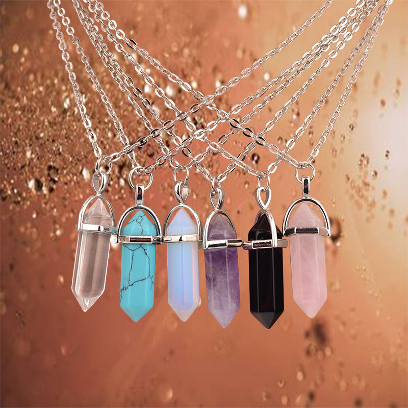 Hexagon Pendant Necklace Six Mirror Corner Natural Stone Crystal Necklace Natural Stone Hexagonal Column Crystal 16'' chain