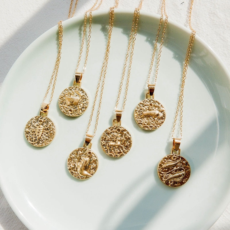 12 Constellation Jewelry Necklace Gold Virgo Libra Scorpio Sagittarius Capricorn Aquarius Zodiac Vintage Circle Pendant Necklace